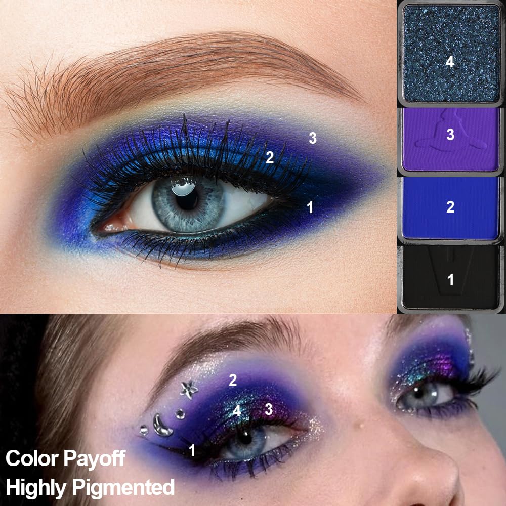 Afflano Goth Eyeshadow Palette Purple Blue, Multichrome Chrome Blue Purple Matte Black White Grey Dark Eye Shade, Gothic Halloween Makeup Eye Shadow Pallet for Joker Clown Cosplay SFX Makeup Costume
