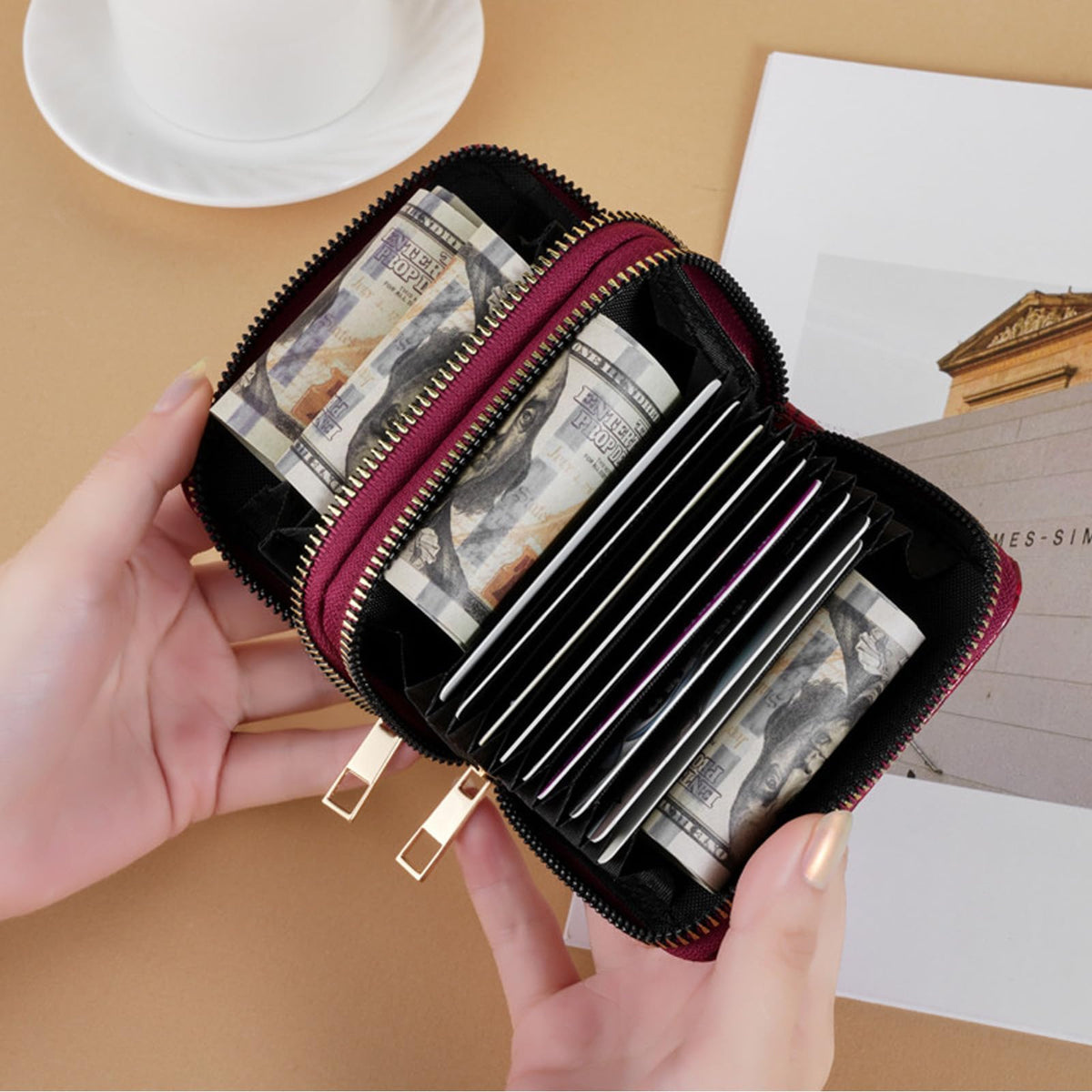 LFWATAXY PU Leather Accordion Card Wallet, Double-Layer Zippered Card Holder for Women Men Multi-Slot Large Capacity Card Organizer Compact Travel Wallet with Coin Purse ID Window (Red)