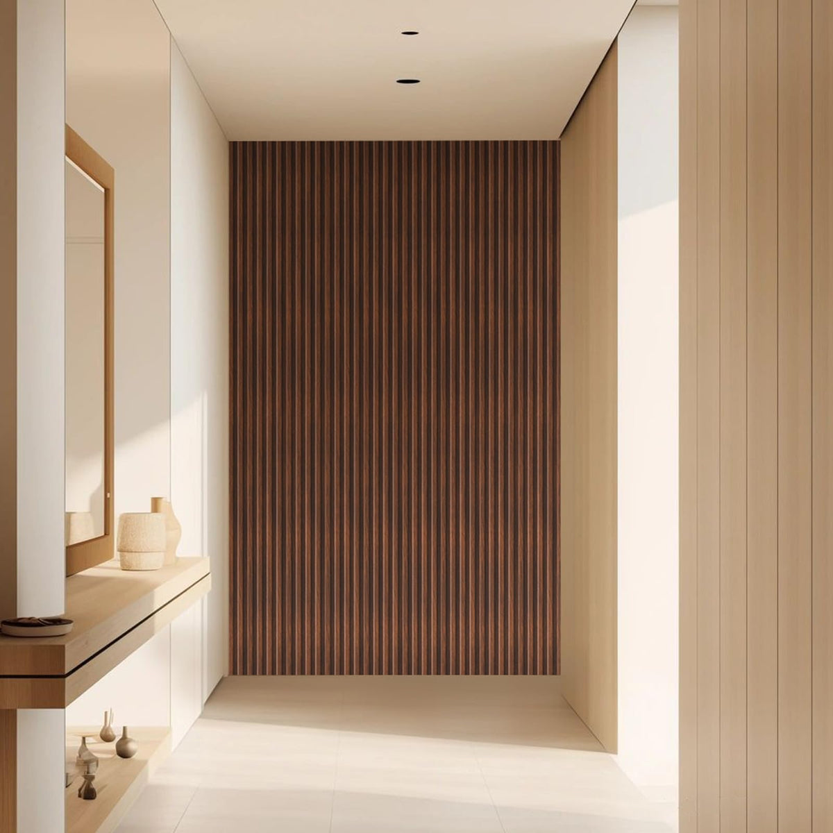 VESLARA Slat Wood Panel 4pcs Wall Panels with 2pcs End Trims 108’’ x 5.7’’ Wood Wall Panel for Interior Wall Decor Bedroom Living Room TV Background Walnut