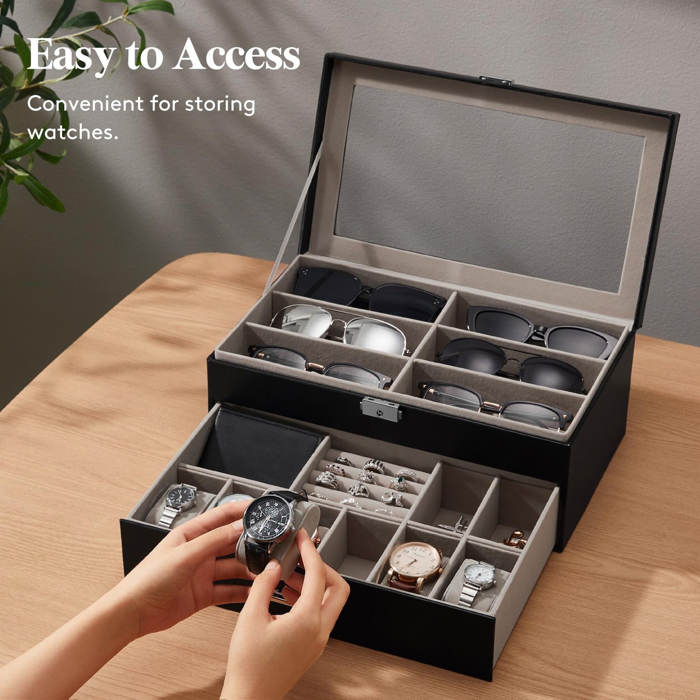 Lifewit 2- layer Sunglasses Organizer with Glass Lid, 6 Slots eyeswear and Watch box, Spaces for Rings, Brooch, Multiple Eyeglasses Display Case for Men, Inky Black, 35 x 20 x 13 cm/14 x 8 x 5 inch