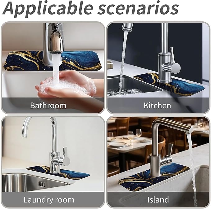 Kitchen Sink Splash Guard,Blue and gold marble texture Faucet Mat Sink