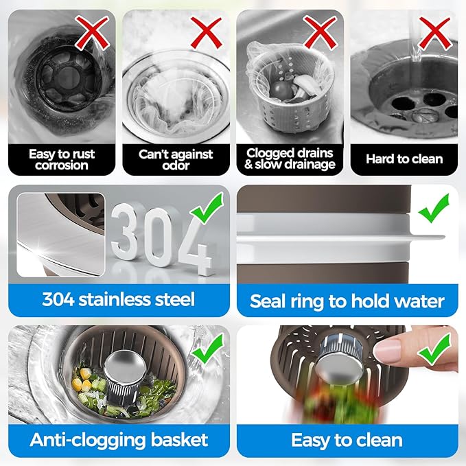Upgraded 3in1 Kitchen Sink Drain Strainer & Sink Stopper, Stainless Steel