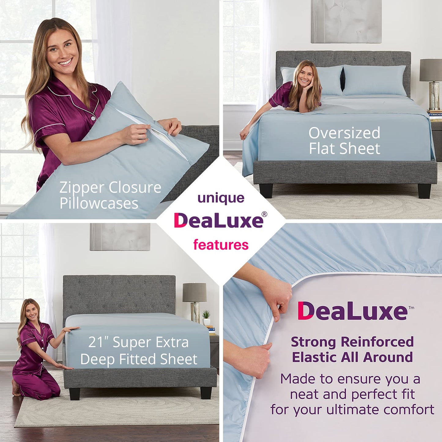 Extra Deep Pocket King Bed-Sheets – 4-Piece Includes: 18”-21” Inch Super Extra Deep Pocket Fitted Sheet – Oversize Flat Sheet – 2 Zipper Closure Pillowcases – Perfectly Fit – King Size – Light Blue