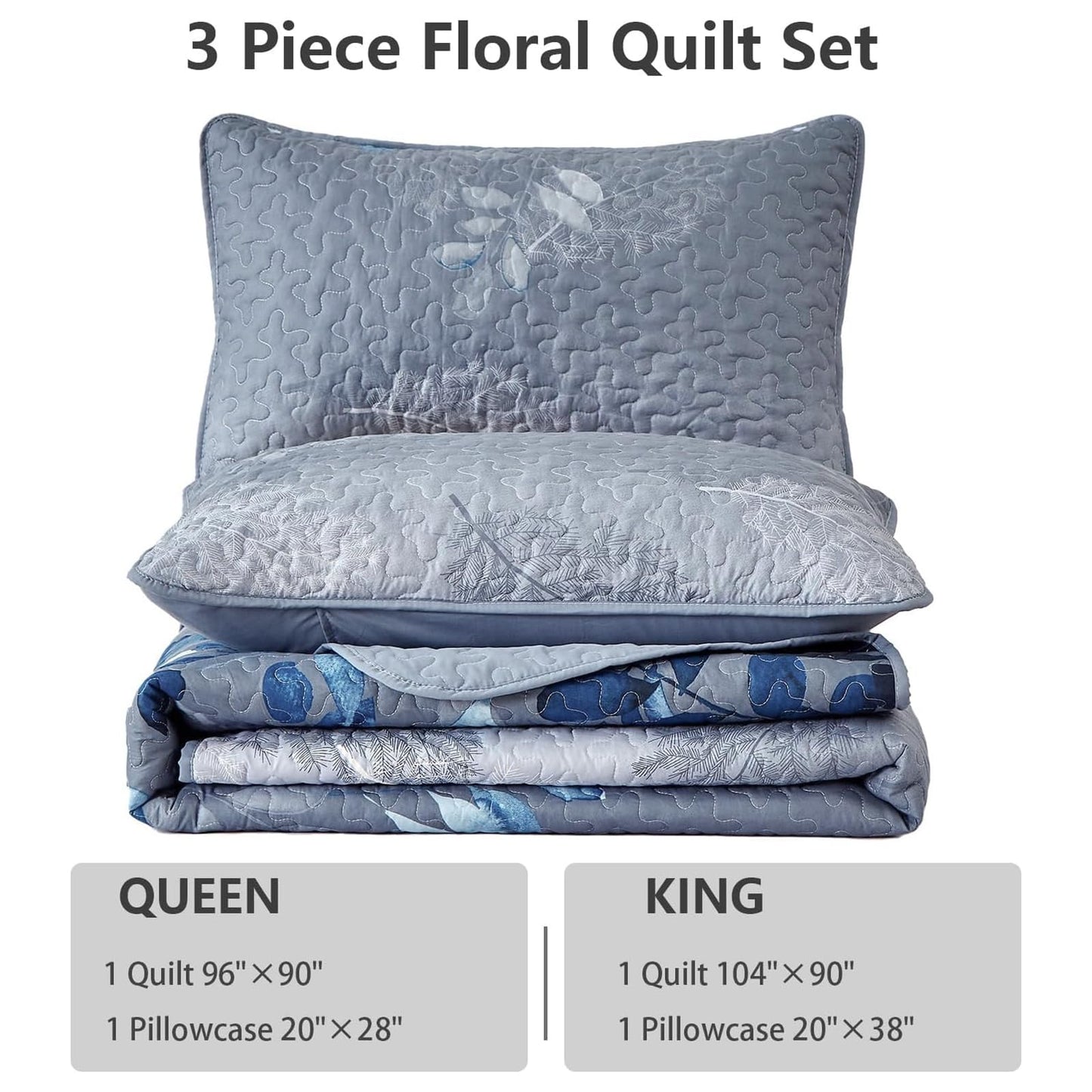 WONGS BEDDING Blue Quilt Set Queen Size,3 Pieces Navy Blue Floral Bedspread Coverlet Set,Soft Microfiber Lightweight Grayish Blue Gradient Floral Bedding Set Queen 96"x90"
