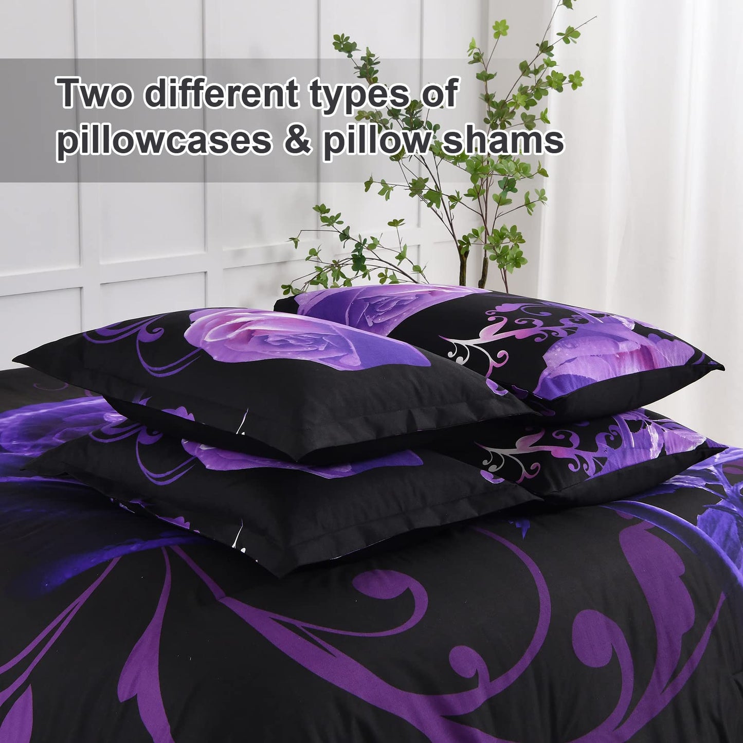 Floral Comforter Set California King 7 Piece Bed in a Bag Purple Rose Flower Comforter with Sheet Set Soft Micorfiber Bedding Set (1 Comforter,2 Pillow Shams,1 Flat Sheet,1 Fitted Sheet,2 Pillowcases)