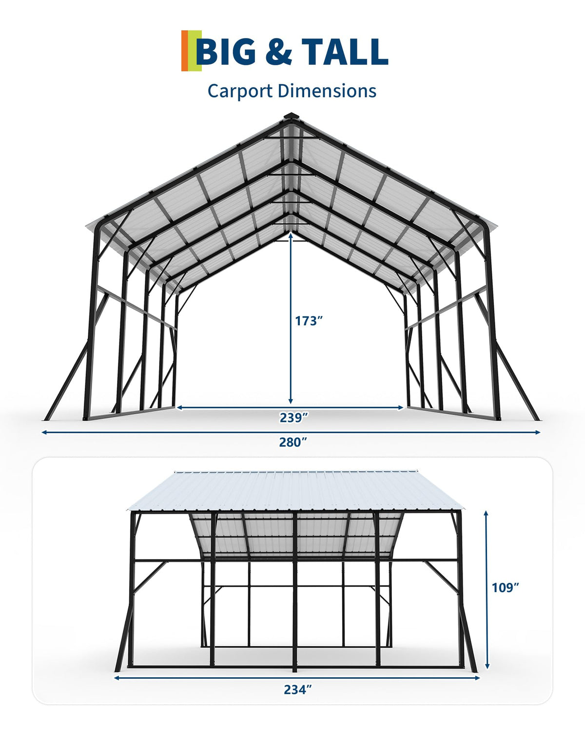 Garvee 20x20 ft Metal Carport Kit, 120° Steep-Pitch Vertical Roof for Snow Shedding, 173" High-Clearance RV & Tractor Shelter, Heavy-Duty 2 Cars Car Port with Reinforced Frame