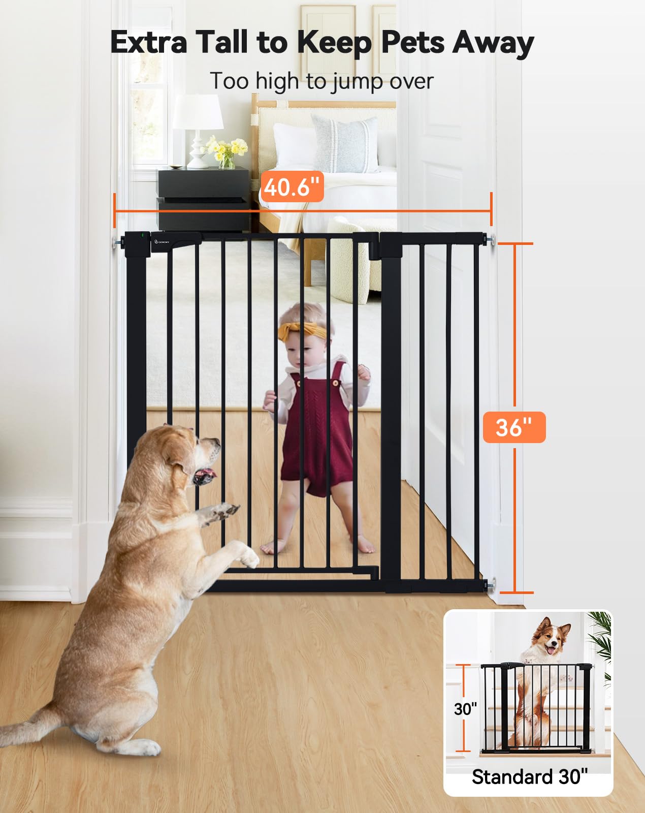 COMOMY 91.5cm Extra Tall Baby Gate for Stairs Doorways, Fits Openings 75-103cm Wide, Auto Close Sturdy Safety Dog Gate for House, Pressure Fit Easy Walk Through Pet Gate with Door, Black