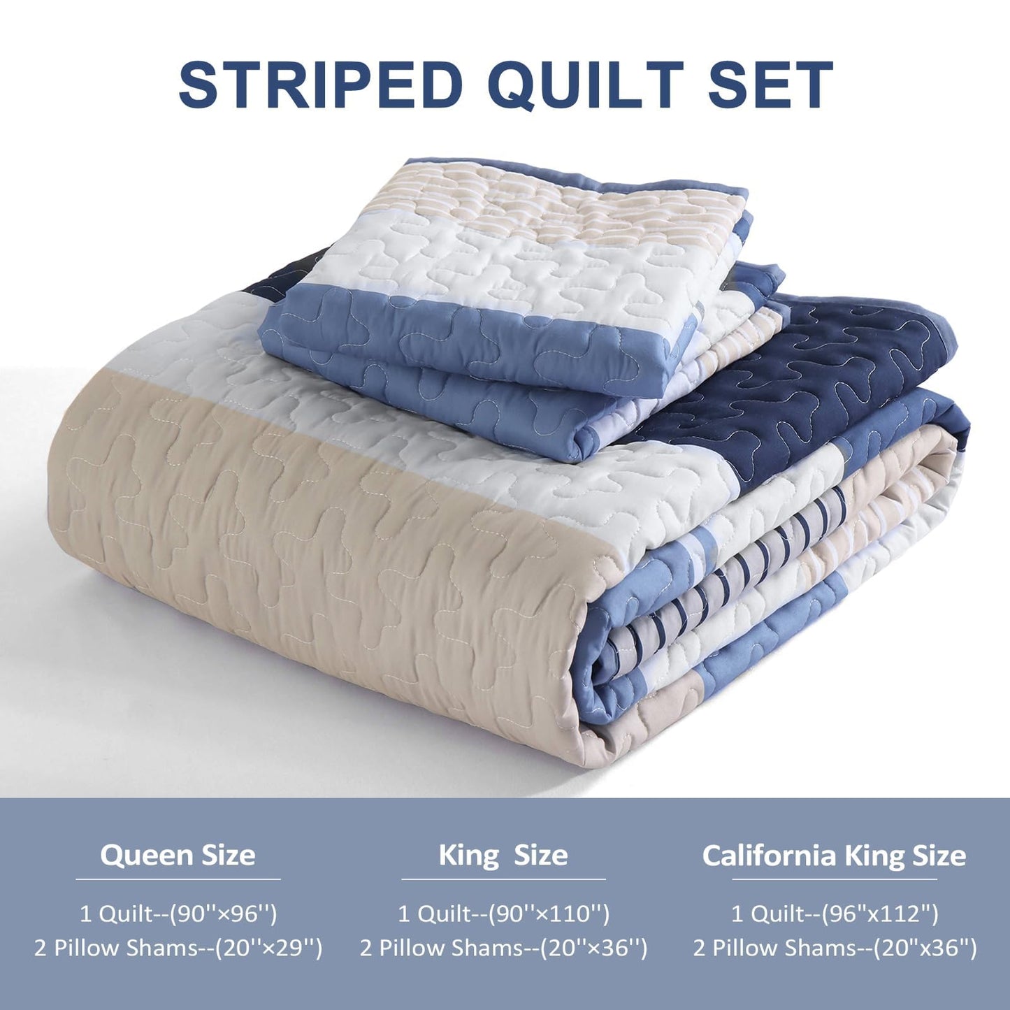 Dinjoy Blue Boho Quilt Set Queen Size, Fall Striped Bedspread Lightweight Farmhouse Bedding Sets 3 Pieces Micofiber Patchwork Coverlet with 2 Pillowcases for Men Bed