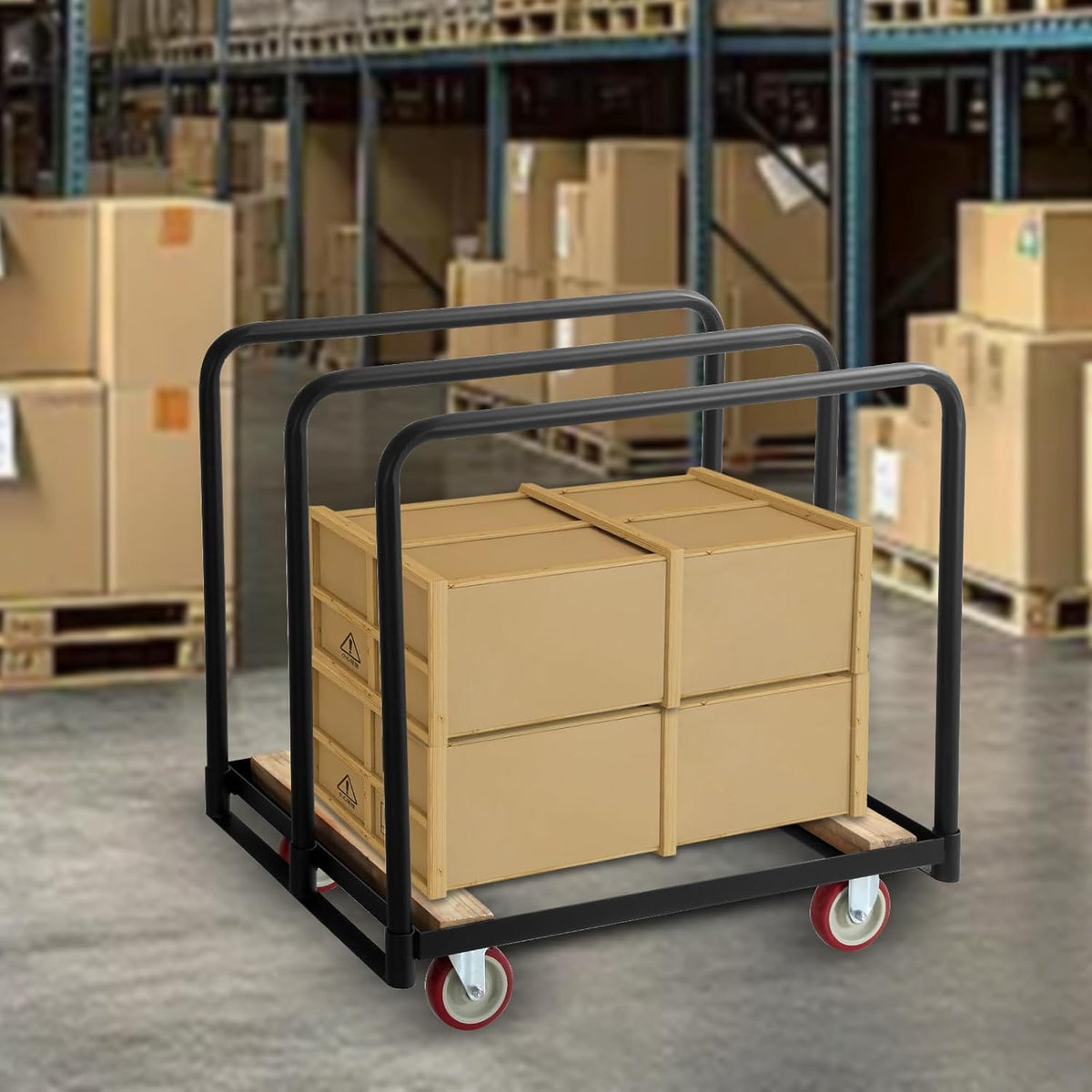 OUKIDR Steel Panel Truck, 1500lbs Capacity Panel Dolly Cart with 4 Swivel Casters and Removable Handrails, Heavy Duty Plywood Cart for Moving Lumber, Luggage Cargo, Warehouse Workshop Use, Black