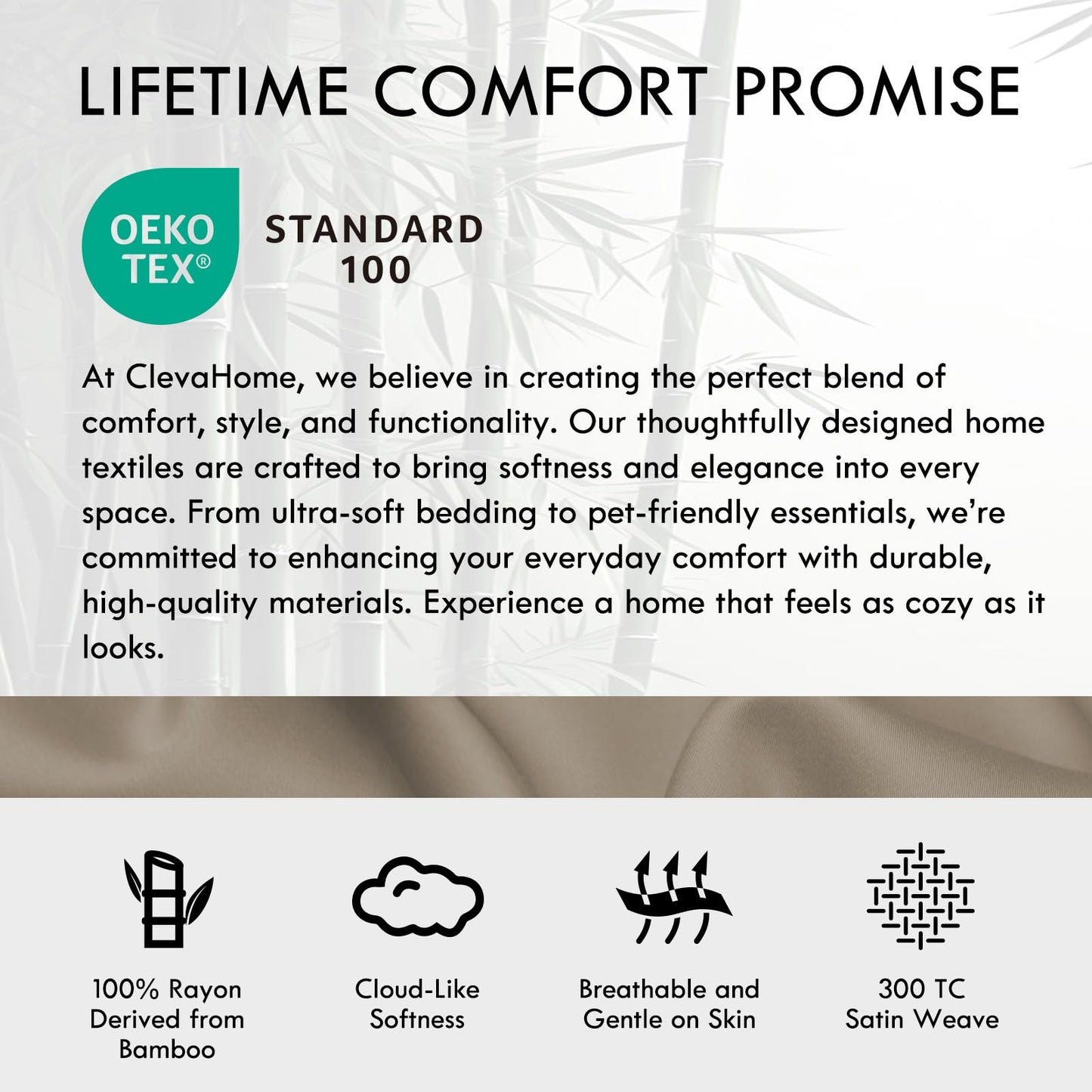 ClevaHome Sheets Queen Bed Sheet Set, 100% Rayon derived from Bamboo, Luxuriously Soft, Cooling, Double Stitching, 16" Deep Pockets Imported (Queen, Taupe)