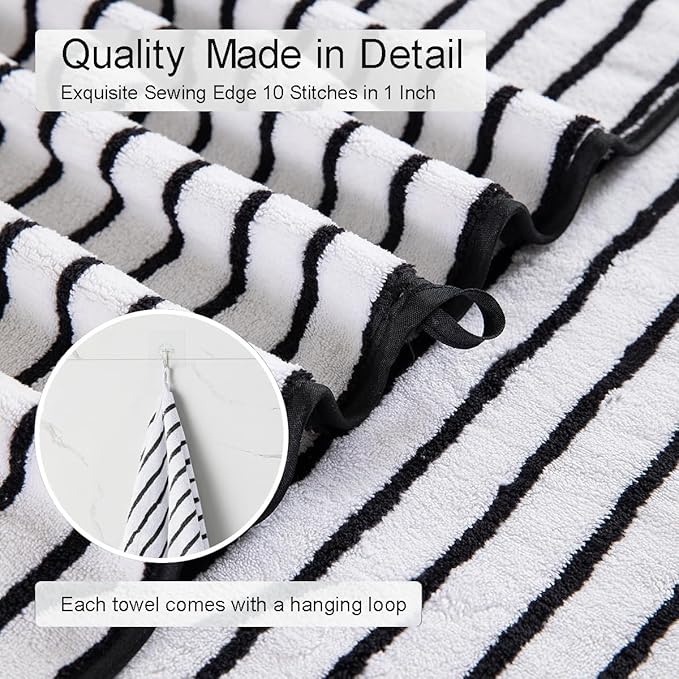 4 Pcs Black White Cabana Stripe Large Bath Towels 35"x70" Oversized Bath Sheet