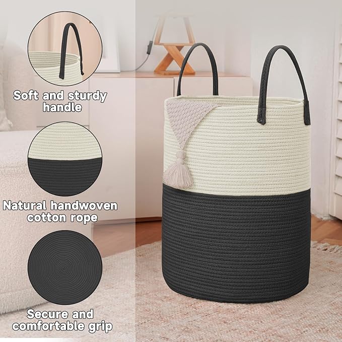 Large Woven Laundry Basket Hamper, 60L Cotton Rope Storage Bin