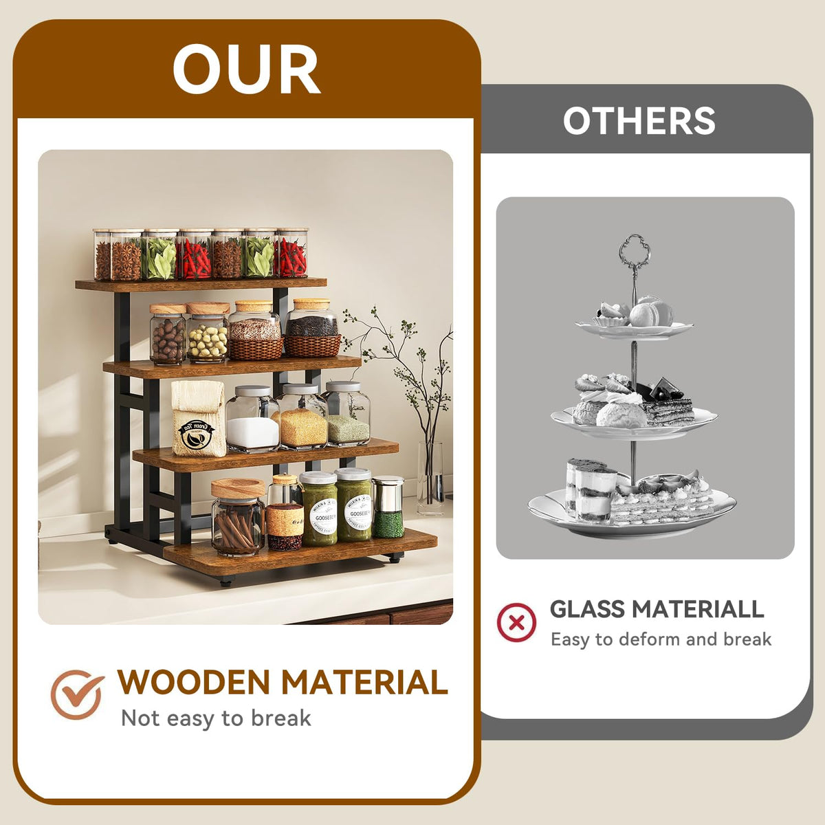 IBUYKE 4 Tier cupcake stand,Wooden Risers Display Stands,Tiered Display Stand for food,Dessert Table Display for Party,Afternoon tea, Family Gatherings,Rustic Brown UTLJ018H