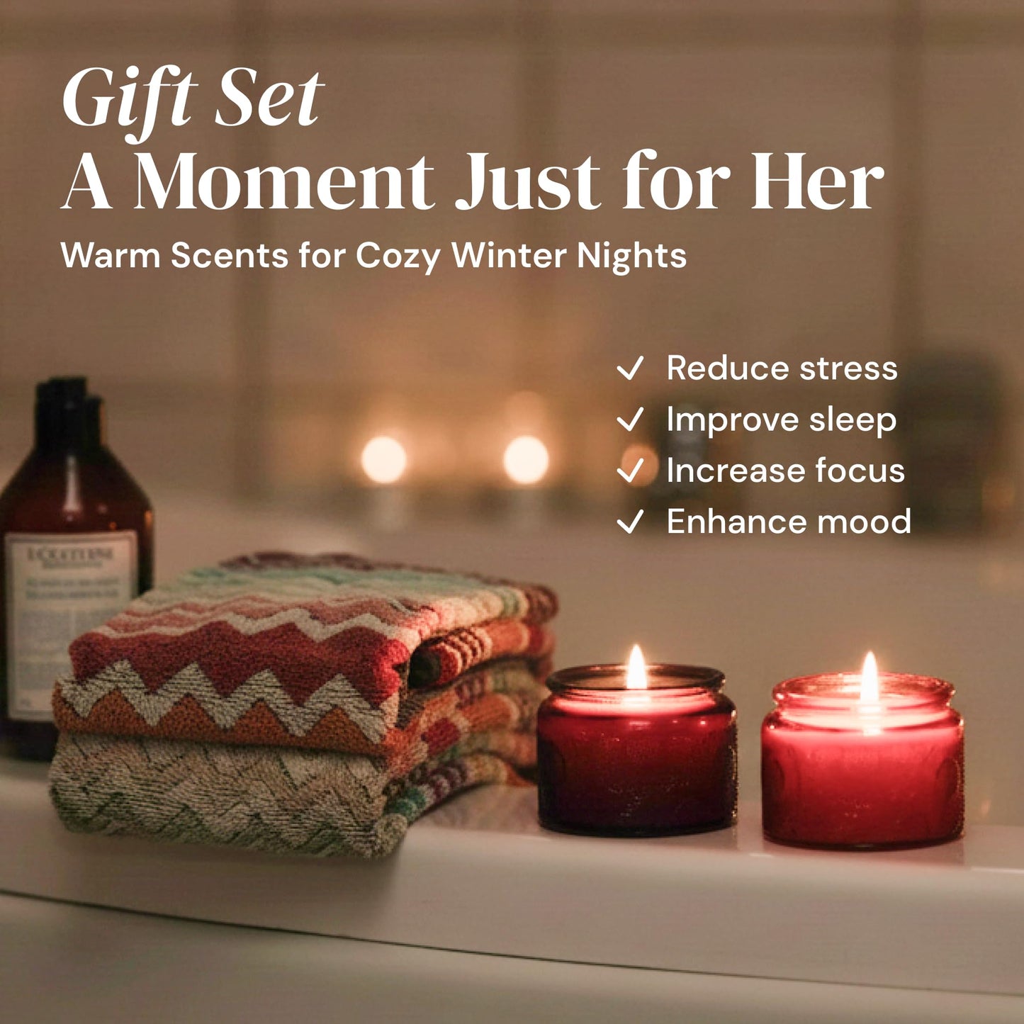 ADELEGOURDAIN Aromatherapy Scented Gift Set - 4 Soy Wax Candles & 2 Fragrance Sachets - Calming Jasmine, Bergamot, Berry & Breeze Scents in Glass Jars - Home, Bath & Relaxation Presents for Women