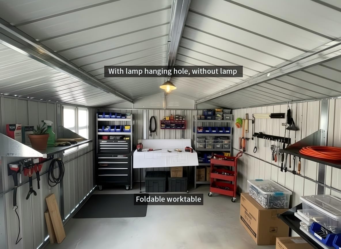 YOPTO 12x10 FT Outdoor Storage Shed,Metal Shed W/Goods Shelves & Window,Garden Tool House W/ 2 Vents & Lamp Hanging Hole & Apex Roof and Lockable Doors,for Backyard Patio Lawn,Brown