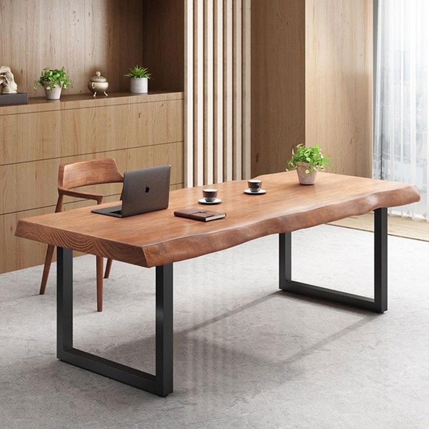 quanzhoulong Stylish Solid Wood Office Desk with Sturdy Metal Base - Durable Multi-Size Executive Computer & Dining Table - Perfect for Home Office & Work Environments (Brown, 55.12in)