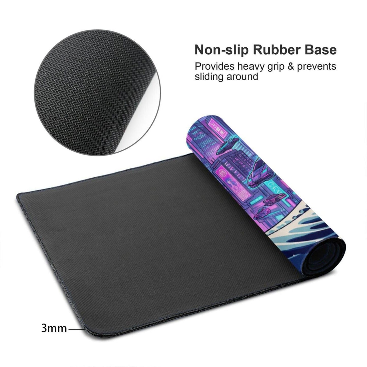 AQQA Cyberpunk Great Wave Gaming Mouse Pad - Japanese Aesthetic Large Desk Mat - XXL Extended Mousepad for Gamers, Neon Retro Wave City Art, Water-Resistant Non-Slip Rubber Base, 31.5"x15.7"