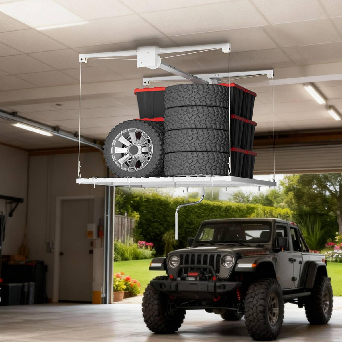 Overhead Garage Lifting Storage Rack, Maximize Your Garage Storage with Our 4x4 Ft Heavy-Duty Ceiling Storage Rack System, Supports 350 lbs, Adjustable & Easy to Install (White 4x4 ft)