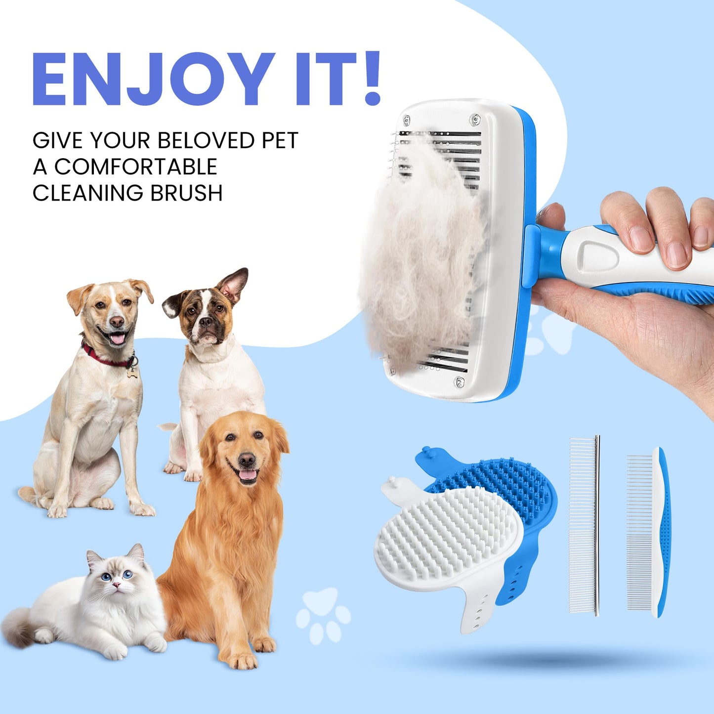Self Cleaning Shedding Brush - 5-in-1 Professional Pet Grooming Kit Skin Friendly Grooming Tool for Dogs, Cats, and Puppies, Deshedding and Hair Removal for Long and Short Haired Pets(Blue-White)