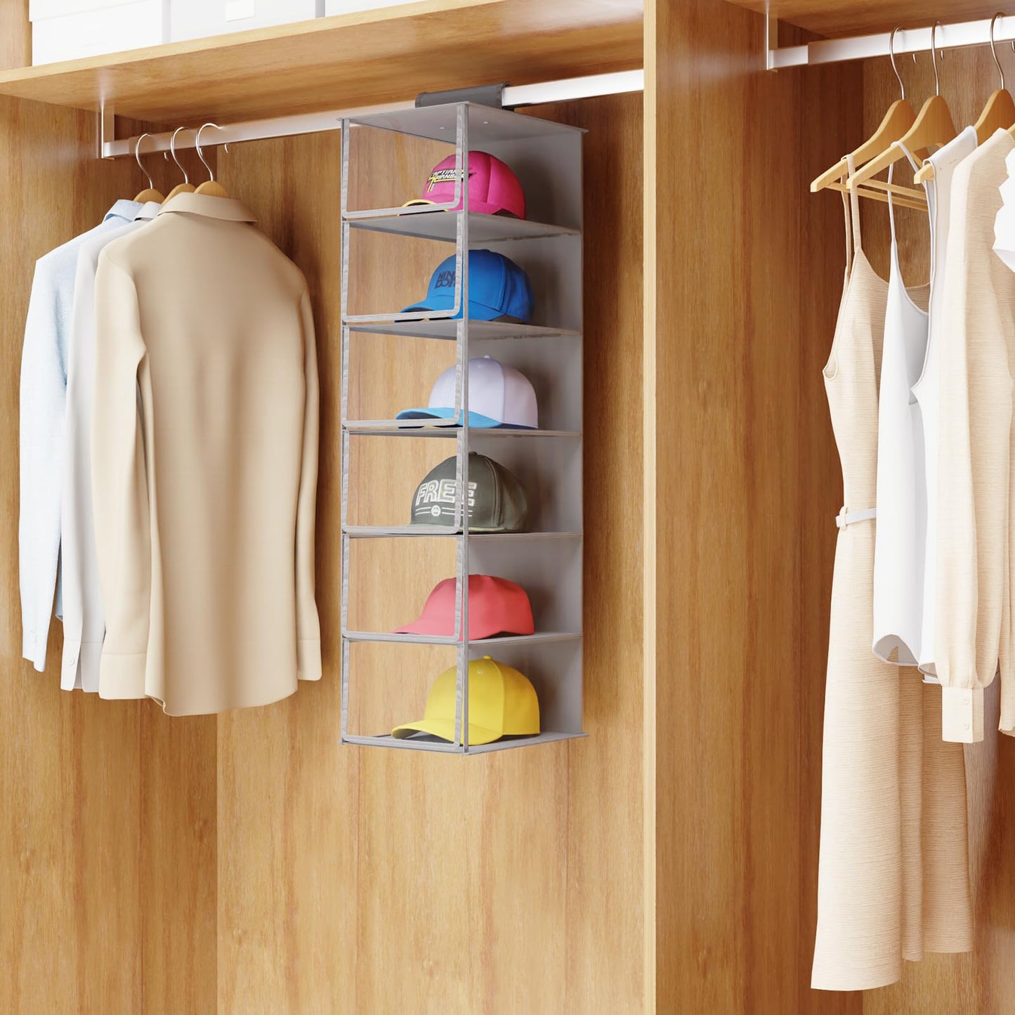 KEEGH Hat Rack with Dust Cover All-round Protect 6 Shelf Hat Storage Hat Organizer for Baseball Caps, Visible Baseball Cap Organizer Hat Holder for Closet, Clear/Grey