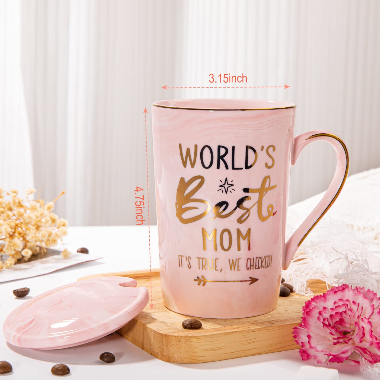 Mothers Day Birthday Gifts for Mom from Daughter Son - 14Oz Funny Best Mom Mug with Gold Print, Unique Pink Marble Coffee Cup with Lid Spoon Greeting Card, Happy Moms Gifts Idea, Luxury Gift Boxed Set