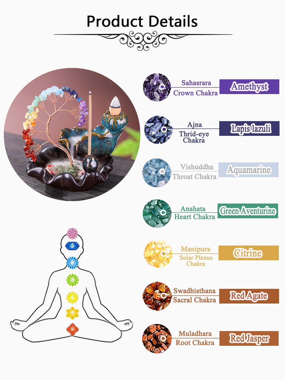 Jovivi Backflow Incense Burner Ceramic Incense Waterfall,7 Chakra Stones Healing Crystal Money Tree Incense Holder for Wealth, Good Luck, Yoga Meditation, Home Decor