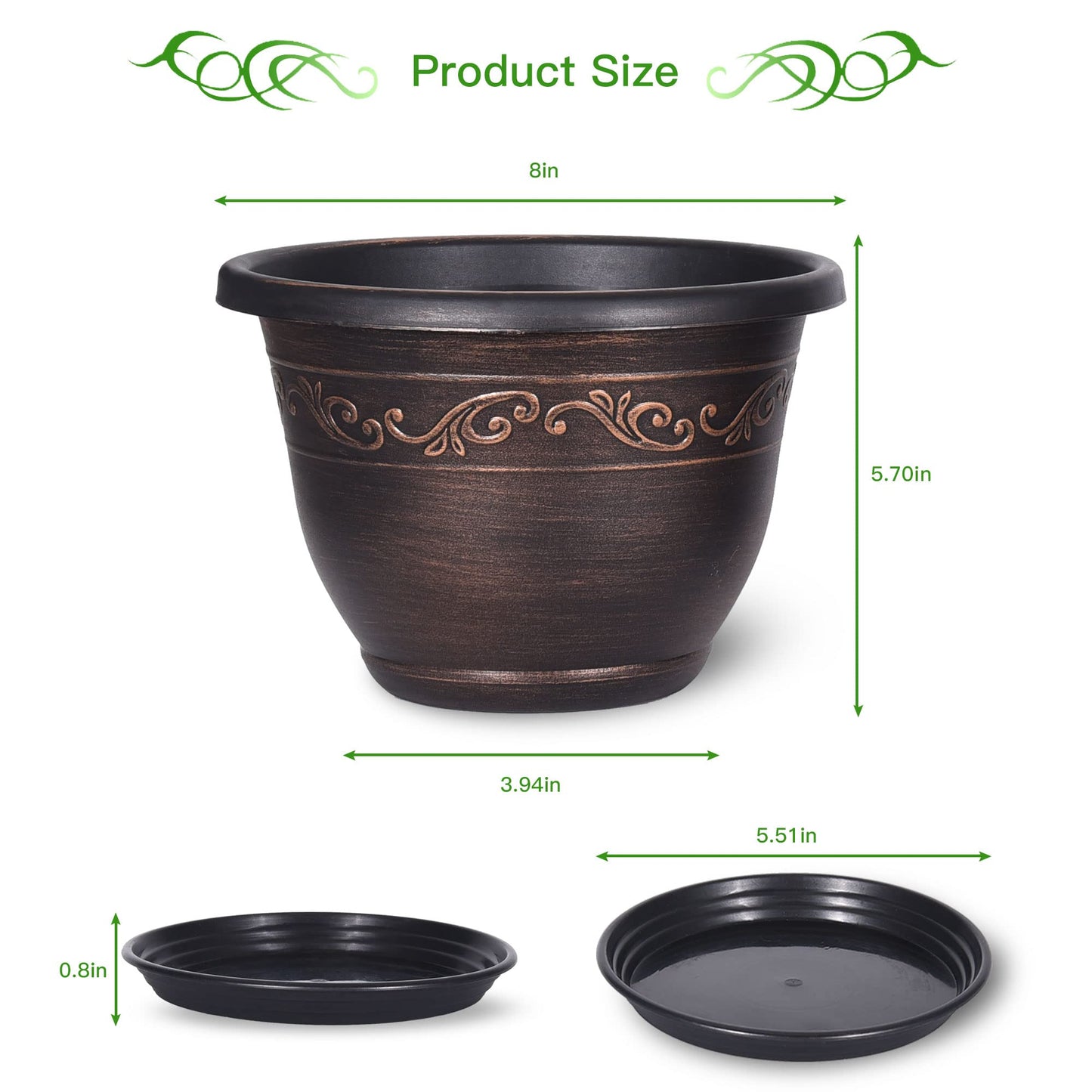 20cm-Plastic-Plant-Flower-Planters Indoor Outdoor, 6 Packs Lightweight Flower Pot With Drainage Hole & Saucer, Retro Antique Imitation Decorative Garden Pots For Houseplants