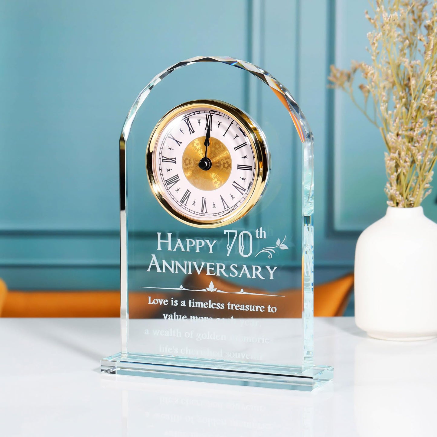 YWHL 70th Wedding Anniversary Clock Gifts for Parents Grandparents, 70th Wedding Anniversary Glass Keepsake for Couples, Meaningful 70 Years Marriage Party Home Decor (Battery not Included)