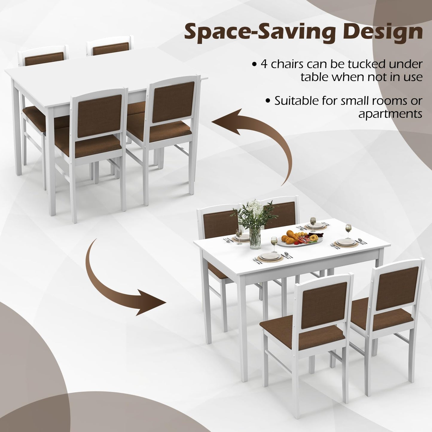 Tangkula Dining Table Set for 4, Farmhouse Solid Wood Dinette Set w/Rubber Wood Legs, Upholstered Seat & Padded Backrest, Mid-Century Modern Dining Table and Chairs Set for Kitchen, Dining Room