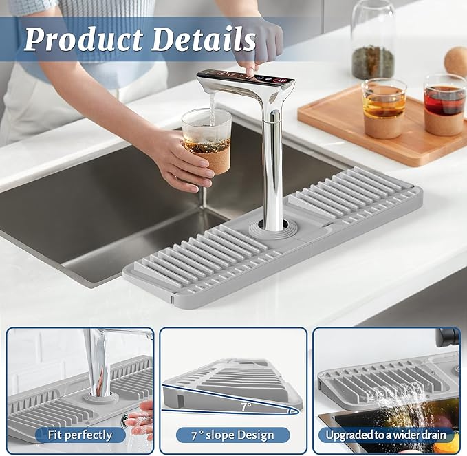 PoYang 17.7 inch Faucet Mat for Kitchen Sink Splash Guard, 7° Slope Silicone