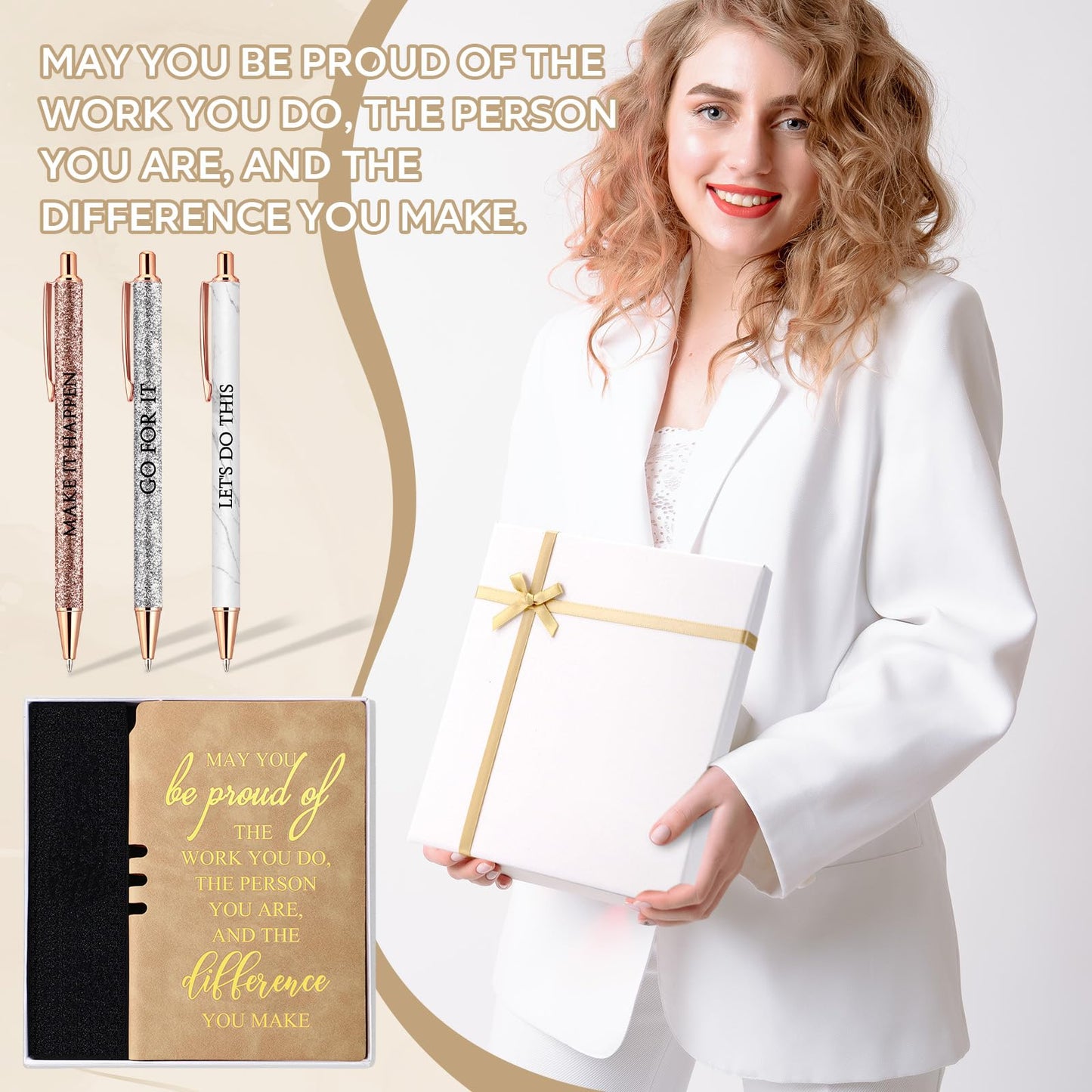 Resurhang 5 Pcs Employee Appreciation Gift Leather Journal Notebook 3 Ballpoint Pens with Box Graduation Thank You Gift for Nurse Volunteer Teacher Secretary Assistant Coworker Women(Khaki)