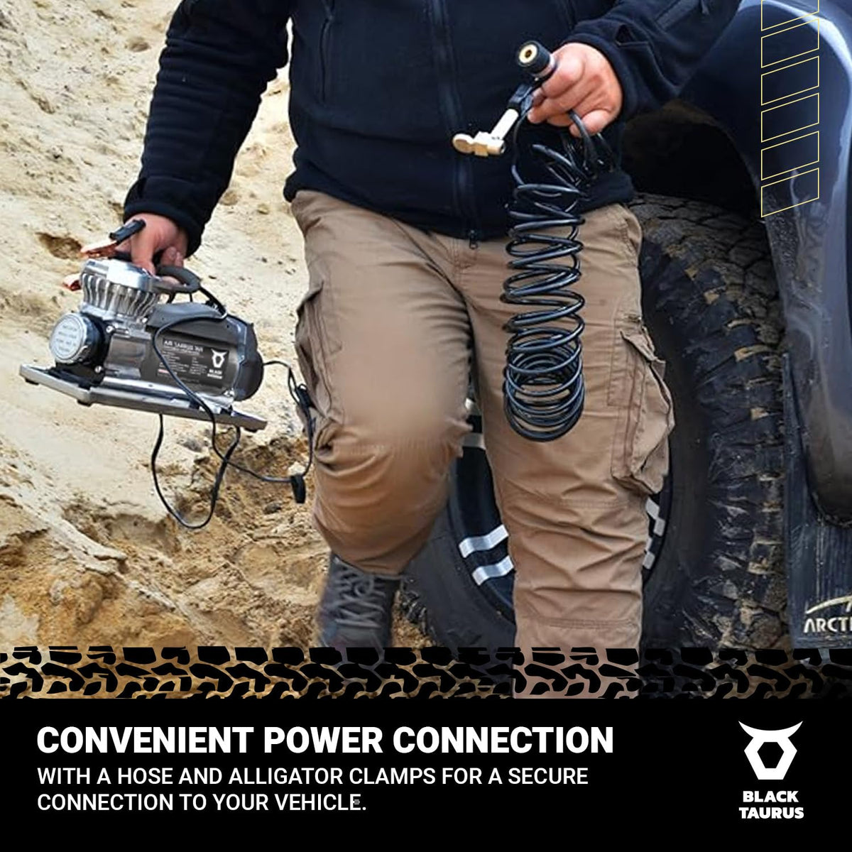 Black Taurus Portable Air Compressor - 12V Air Compressor / 24V 150 PSI for Car, Truck & 4x4, Dual Motor Heavy Duty Tire Inflator, Tire Inflator with Gauge, Long Air Hose - Air Compressor 369