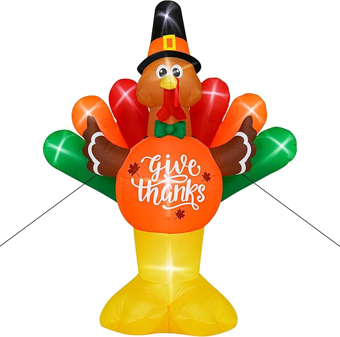 14FT Thanksgiving Inflatables Turkey, Giant Blow Up Turkey with Colorful Tail, Lighted Thanksgiving Outdoor Decorations Give Thanks Turkey Pumpkin for Fall Autumn Harvest Holiday Yard Decor