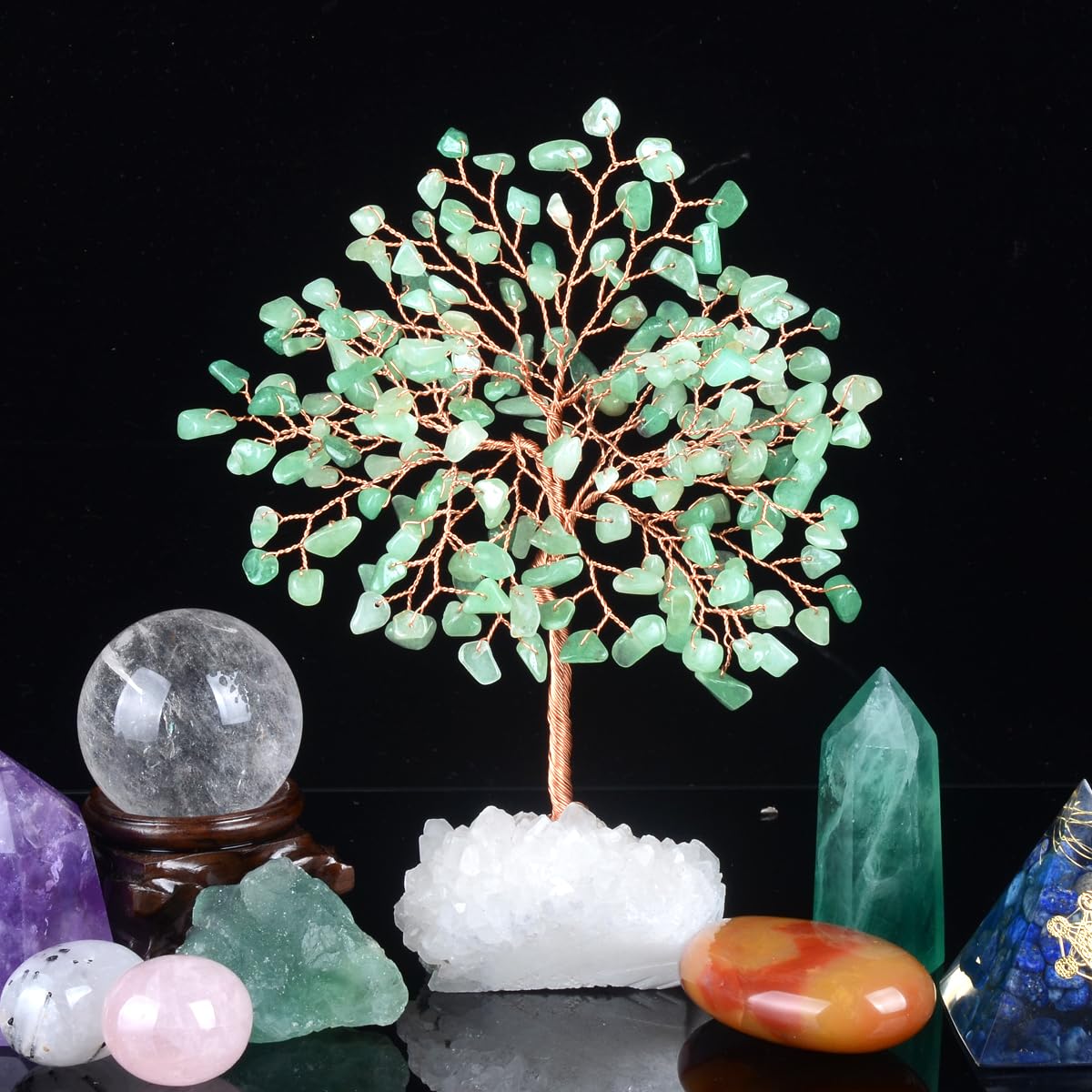 MASGEMES Crystal Tree of Life,Aventurine Jade Clear Quartz Cluster Base,Bonsai Feng Shui Decor Money Tree,Healing Crystals Positive Enegy,Gift Size 5.5"-6.3"