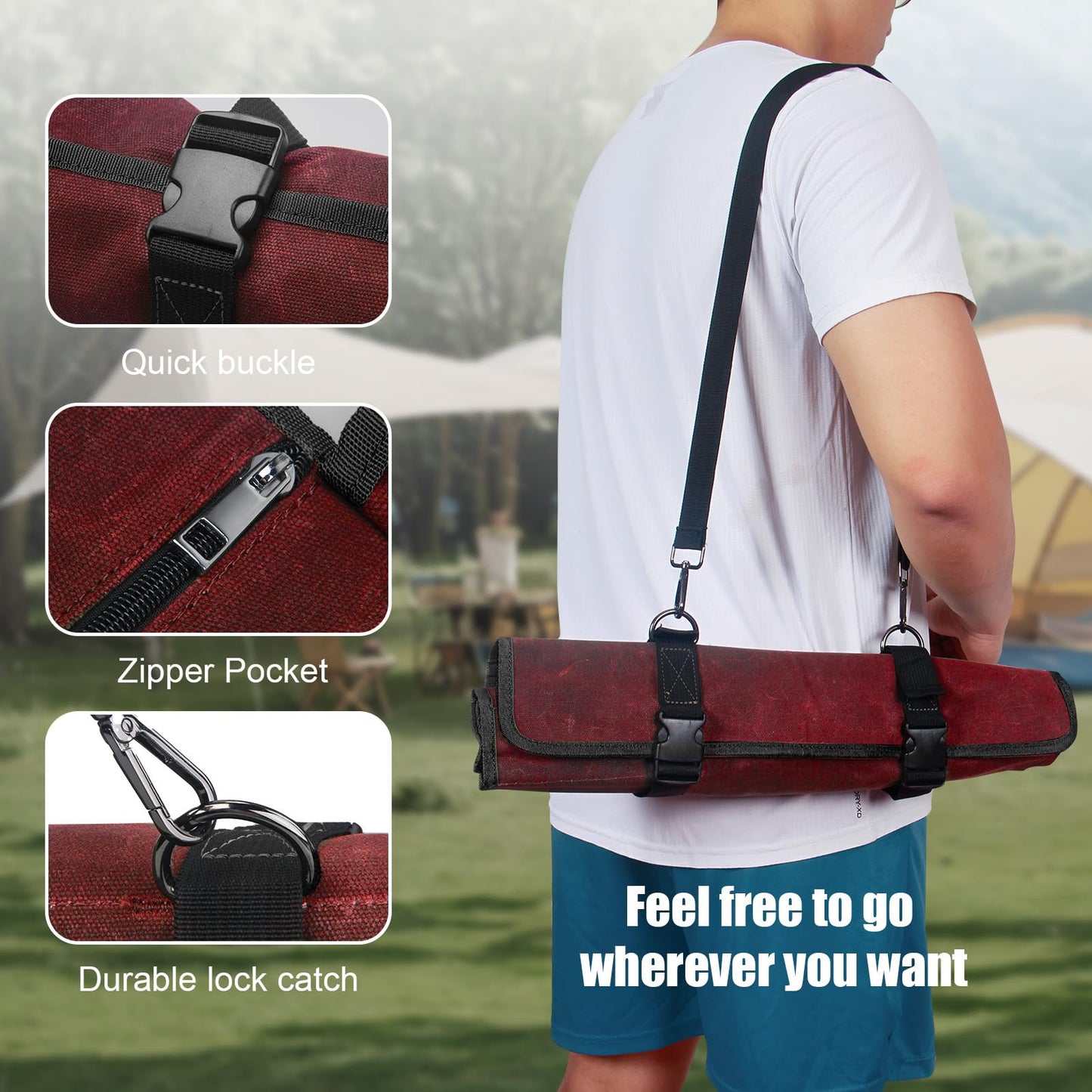 Chef Knife Roll Bag,Waxed Canvas Knife Travel Case,Heavy Duty Professional Knife Carrier Storage Holder with 10 Slots,Portable Kitchen Culinary Tool Organizer for Men,Fits up to 18.8” Knives.Burgundy