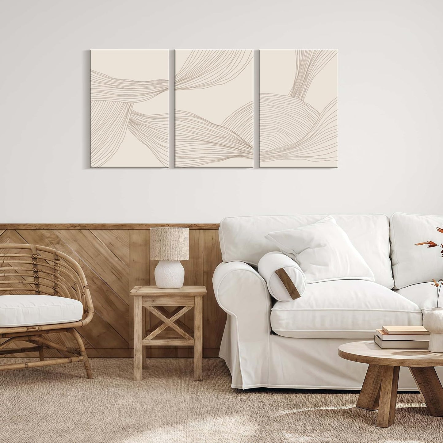 RJETZMU 3 Pcs Minimalist Abstract Line Canvas Wall Art Modern Neutral Beige Wall Decor for Bedroom Living Room Studio 12x16 Inch Ready to Hang