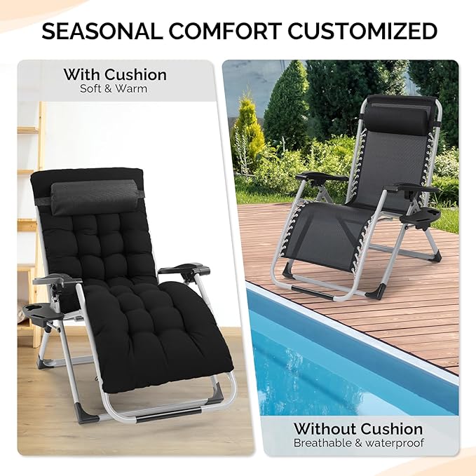 VINGLI 29" Padded Zero Gravity Chair, Lounge Chair with Removable Cushion & Tray, Folding Reclining Patio Chairs, Recliner Chair for Lawn,Indoor Outdoor-Black