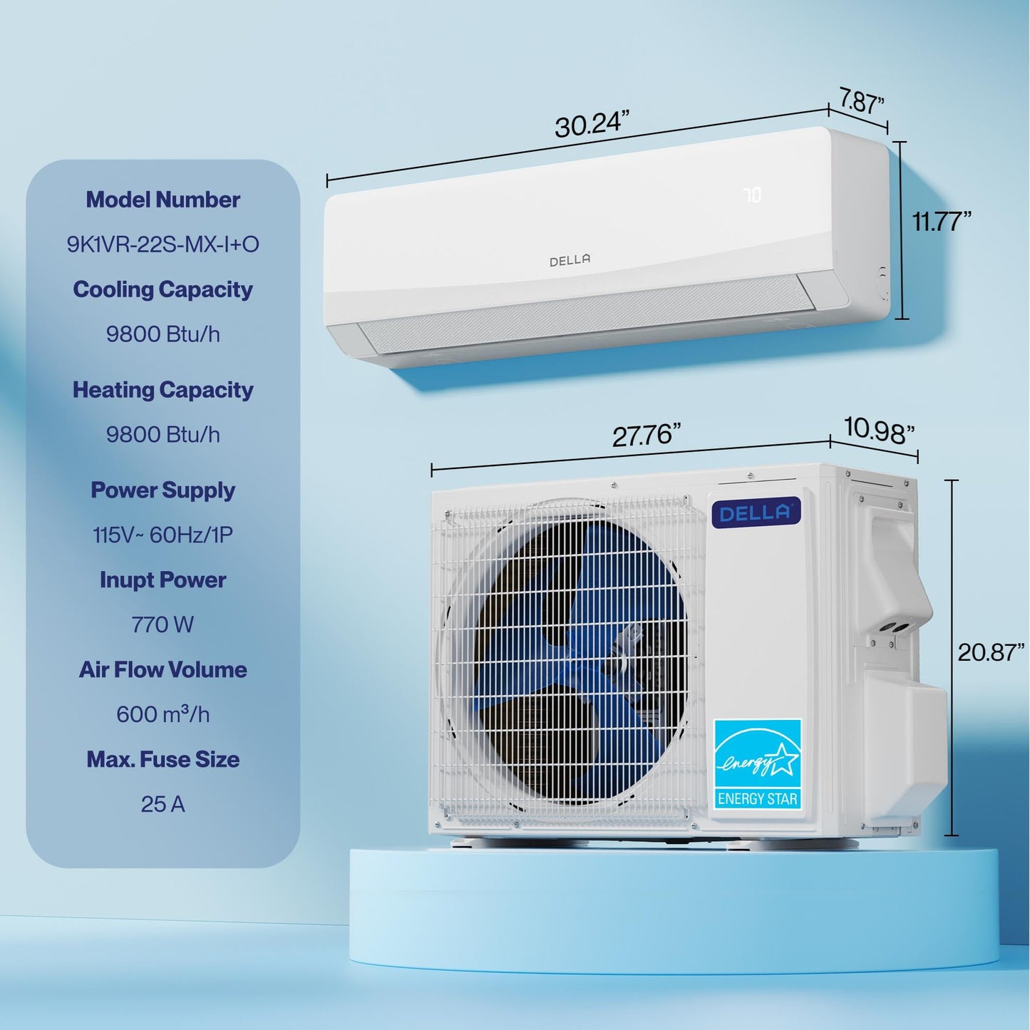 DELLA Serena CloudAir Series 9800 BTU Mini Split AC with Soft Airflow, Energy Star 22 SEER2 115V, 0.82 Ton Inverter Heat Pump Ductless AC for up to 400 Sq.Ft, WiFi & Alexa, Pre-Charged, 16.4ft Kit