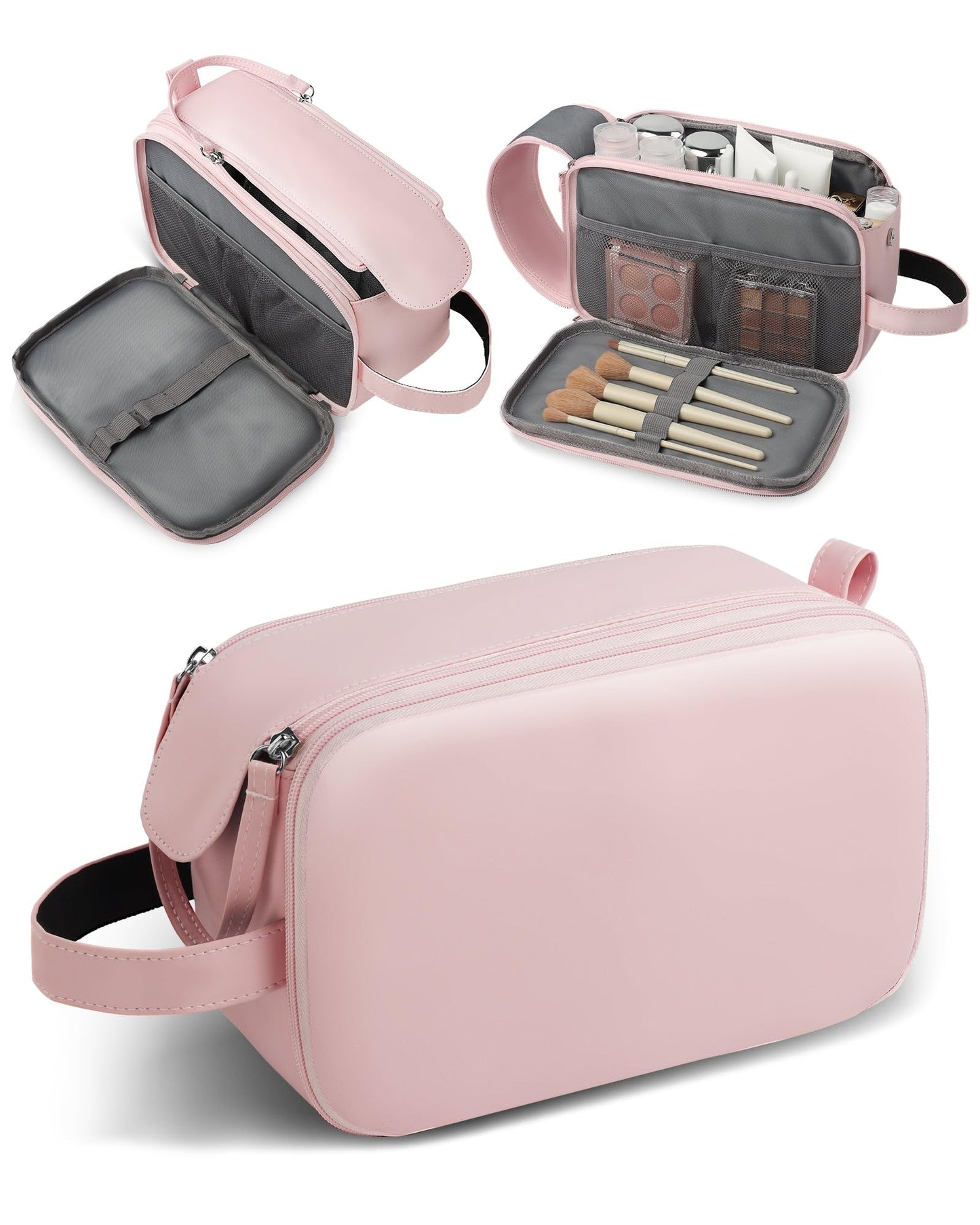 HOTOR Travel Toiletry Bag - Water Resistant Travel Essentials for Women and Men, Compact Leather Toiletries Organizer with Handle, Versatile Cruise Ship Essentials, Pink, Medium
