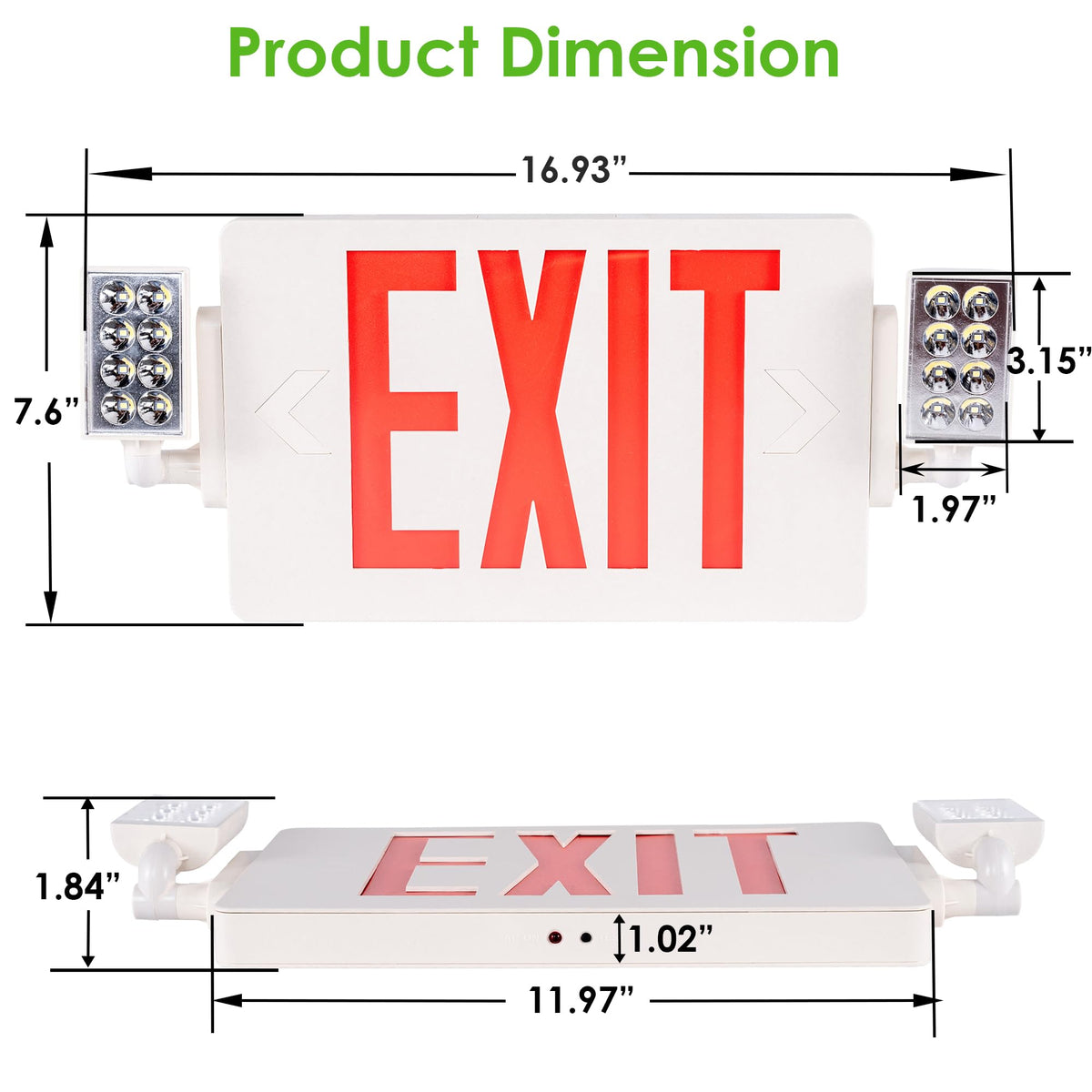 Gruenlich LED Combo Exit Sign, Emergency Light with 2 Adjustable Heads and Double Face, Back Up Batteries- US Standard Red Letter EXIT, UL 924 Qualified, 120-277 Voltage, 4-Pack
