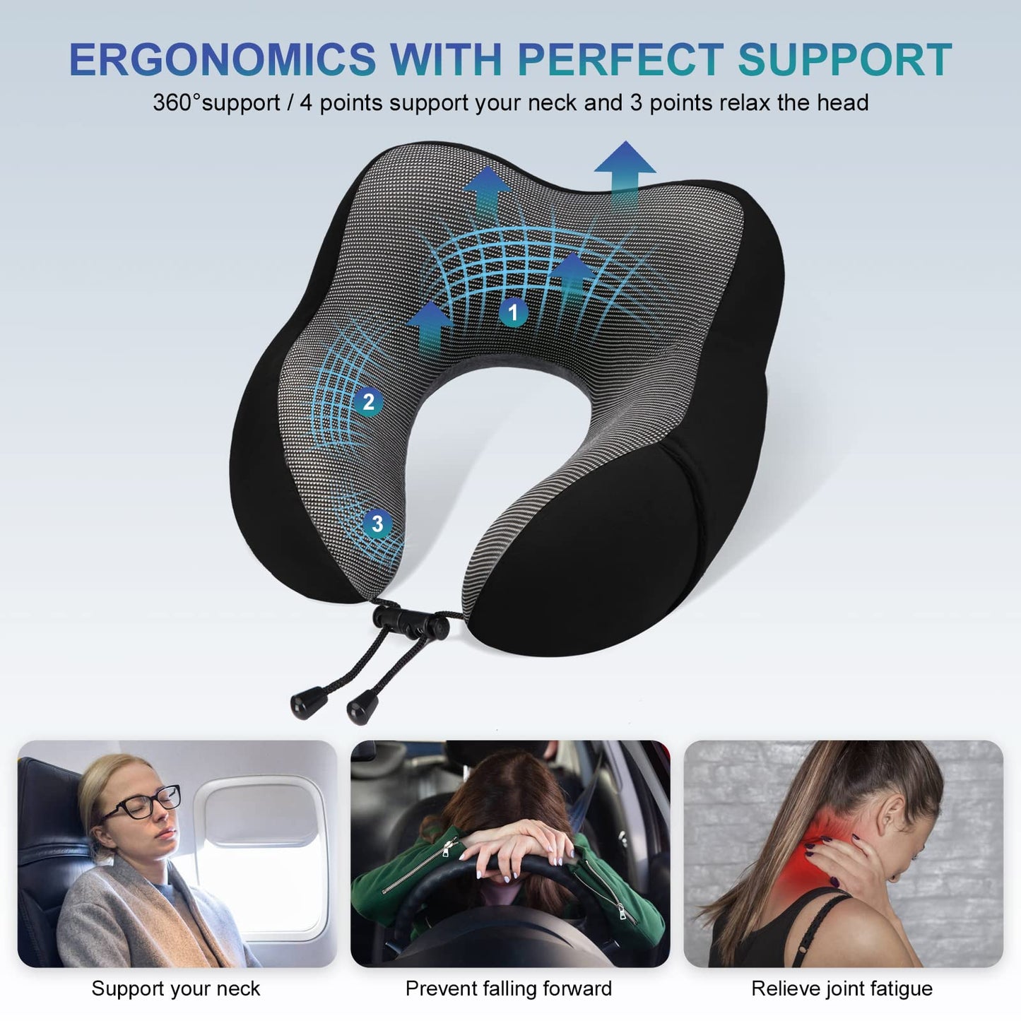 Eono Neck Pillow Memory Foam, Travel Pillow for Neck, Comfortable Neck and Head Support Pillow for Plane Cars Trains Office, Soft Flight Travel Cushion for Sleeping