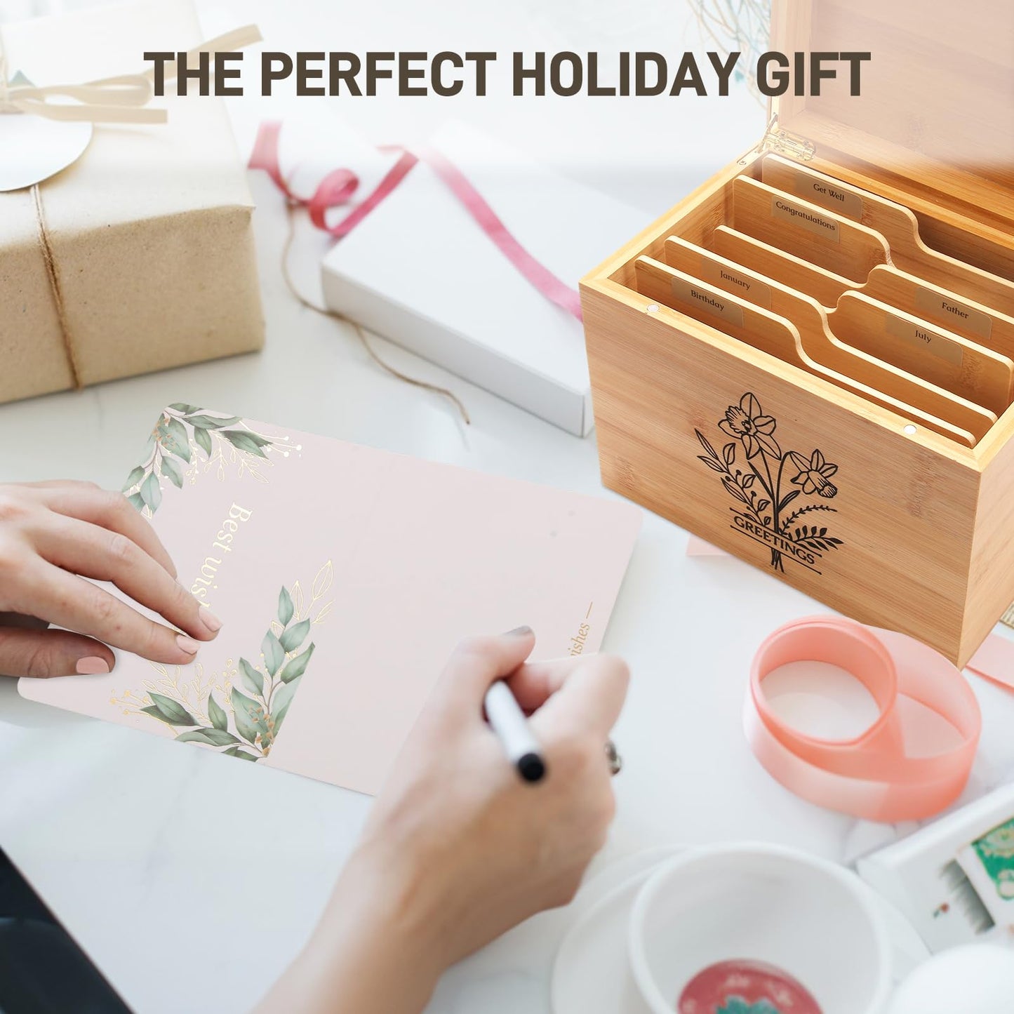 Large Bamboo Greeting Card Organizer Box with 6 Removable Dividers, Real Leather Handle, 100% Handmade Solid Bamboo, Storage Box for Christmas, Valentine, & Birthday Cards, Postcards, Stationery