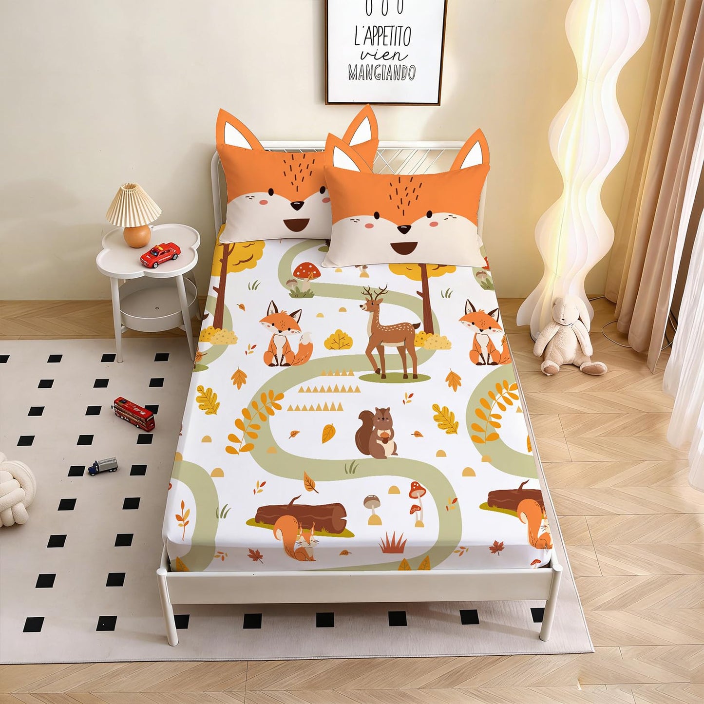 Yasida Twin Size Fox Forest Animals Twin Fitted Sheet Kids 3D Fox Pillowcase Washable Sheets Set Kid Animals Bedding Sheet Soft Microfiber(1*Sheet+1*Pillowcase)