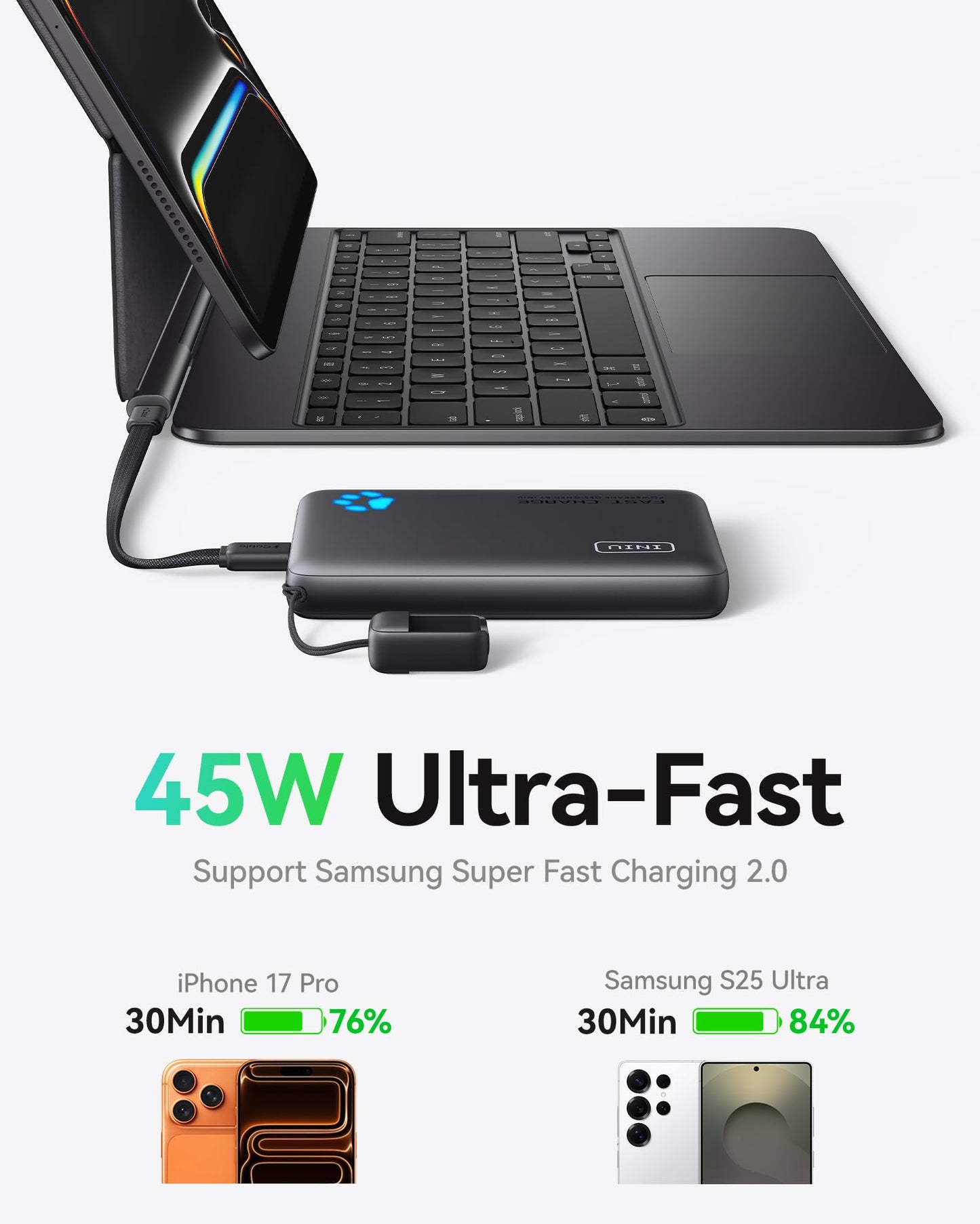 INIU Portable Charger, Smaller & Lighter 45W Fast Charging with Attached USB C Cable, Flight-Safe 10000mAh PD Power Bank Battery Pack, Travel Phone Powerbank for iPhone 17 16 15 Samsung S25 Google etc
