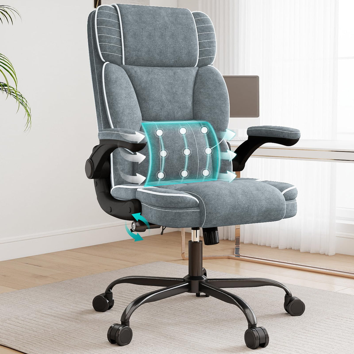 Big and Tall Office Chair with Adjustable Lumbar Support,Breathable Fabric High Back Desk Computer Chair with Adjustable Flip-up Armrests,Ergonomic Swivel PC Chair with Rocking Function