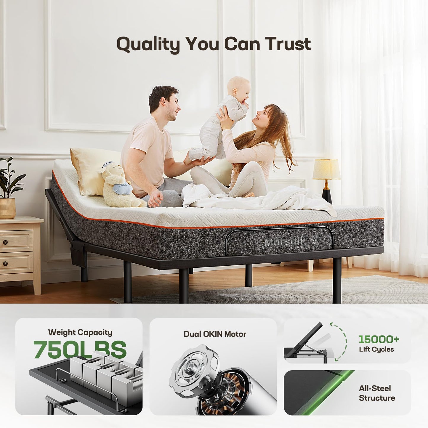 Marsail MS01-2 Queen Adjustable Bed + 6-inch Gel Memory Foam Mattress, APP Control Adjustable Bed with Under-Bed Nightlight, Queen