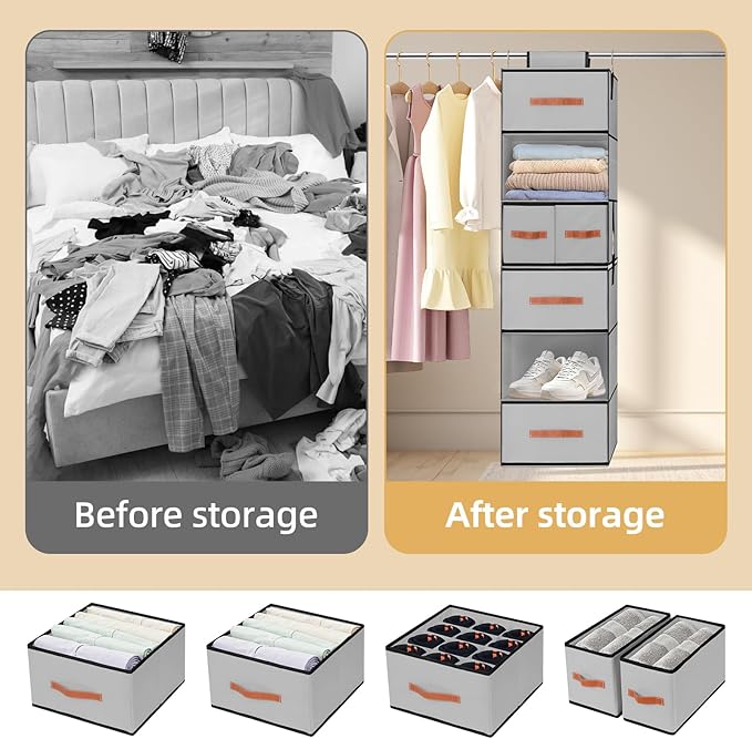Hanging Closet Organizer 6-Shelf, Upgrade Hanging Shelves