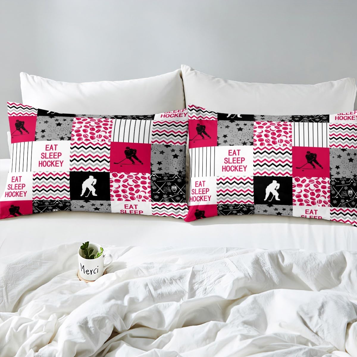Erosebridal Ice Hockey Down Comforter, Hockey Player Comforter Set Full for Teens Kids Boys Men, Geometric Plaid Grid Bedding Set Sports Games Duvet Sets with 2 Pillow Cases, Black White and Red