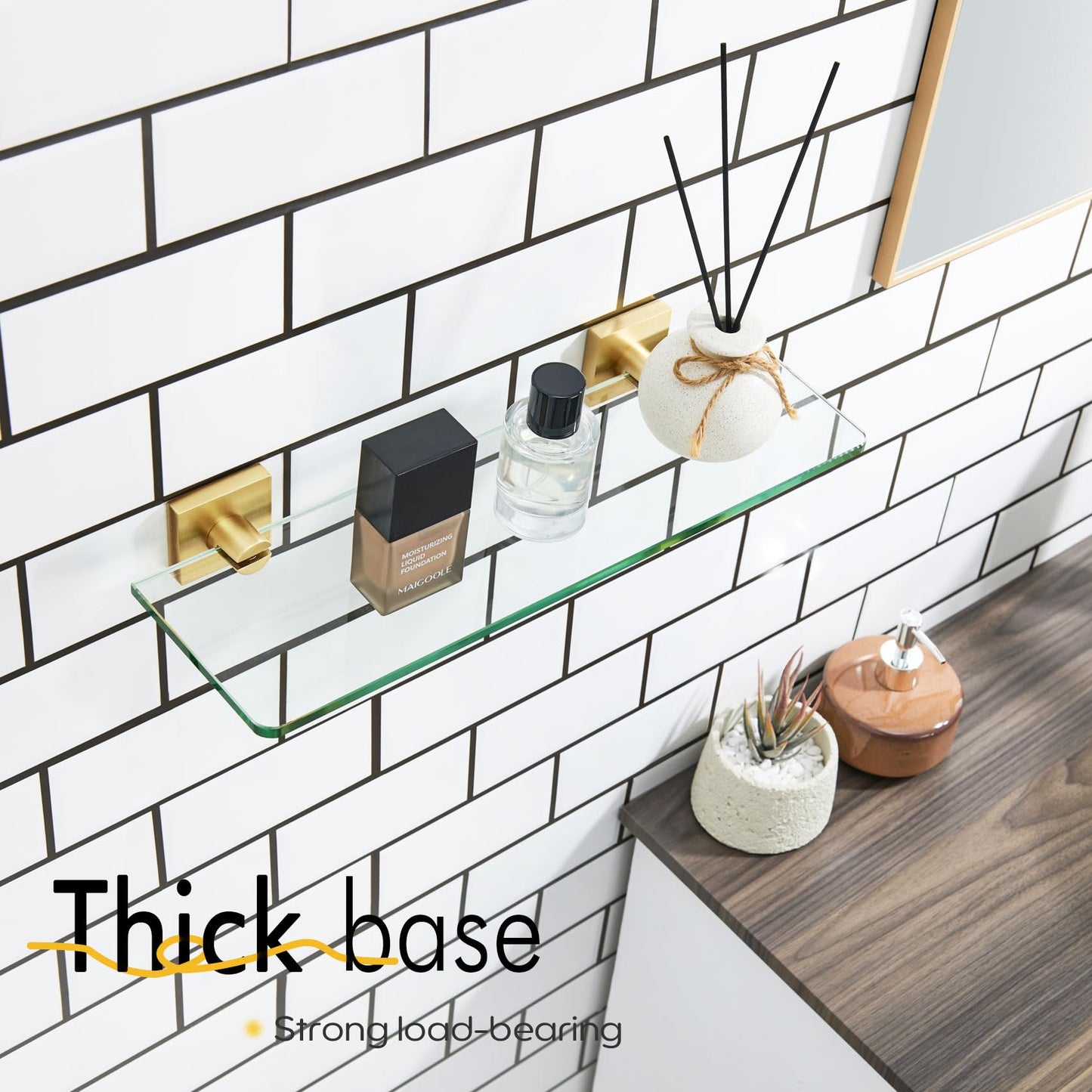 KOKOSIRI Floating Wall Shelf 16-Inch Bathroom Tempered Glass Shelves Shower Hanging Rack for Kitchen Storage Home Decor, Gold Stainless Steel B1107BG-L16