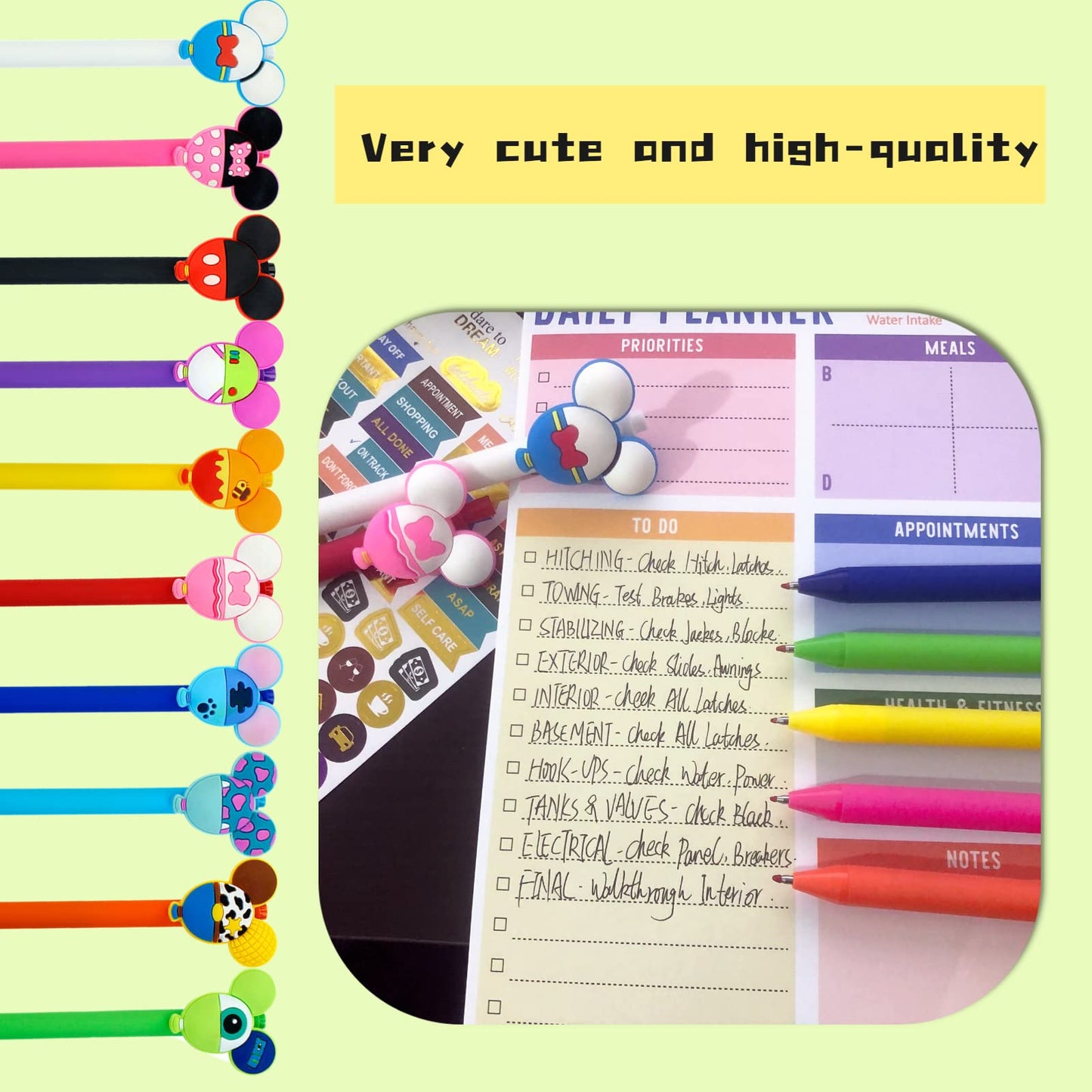 APQA 10pcs Mouse Head Character Ears Pens Set, Retr ctable Ballpoint Pen, Multi Color Jumbo Autograph Princess Pencil Signature Office Desk Stationary Accessories, Gift for Teacher Student